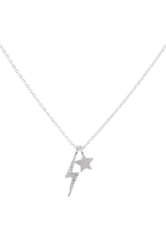 Lightning and Star Pave Cubic Zirconia Pendant Brass Necklace