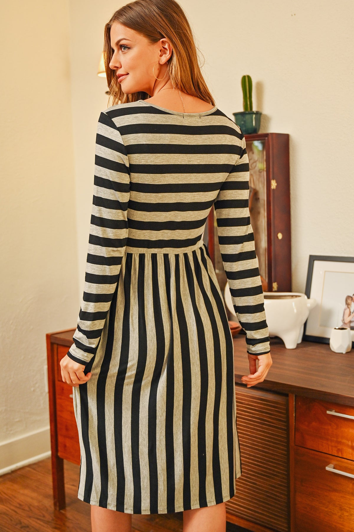 Striped Long Sleeve Cinch Waist Dress