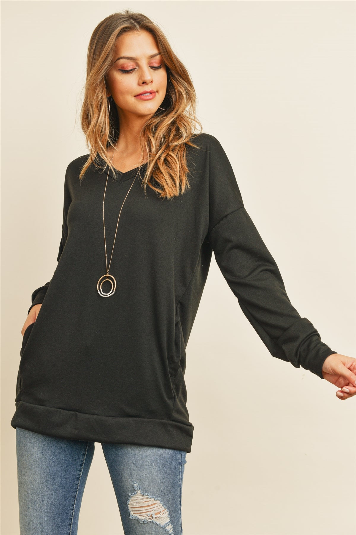 Oversized French Terry V-Neck Sweater with Inseam Pocket