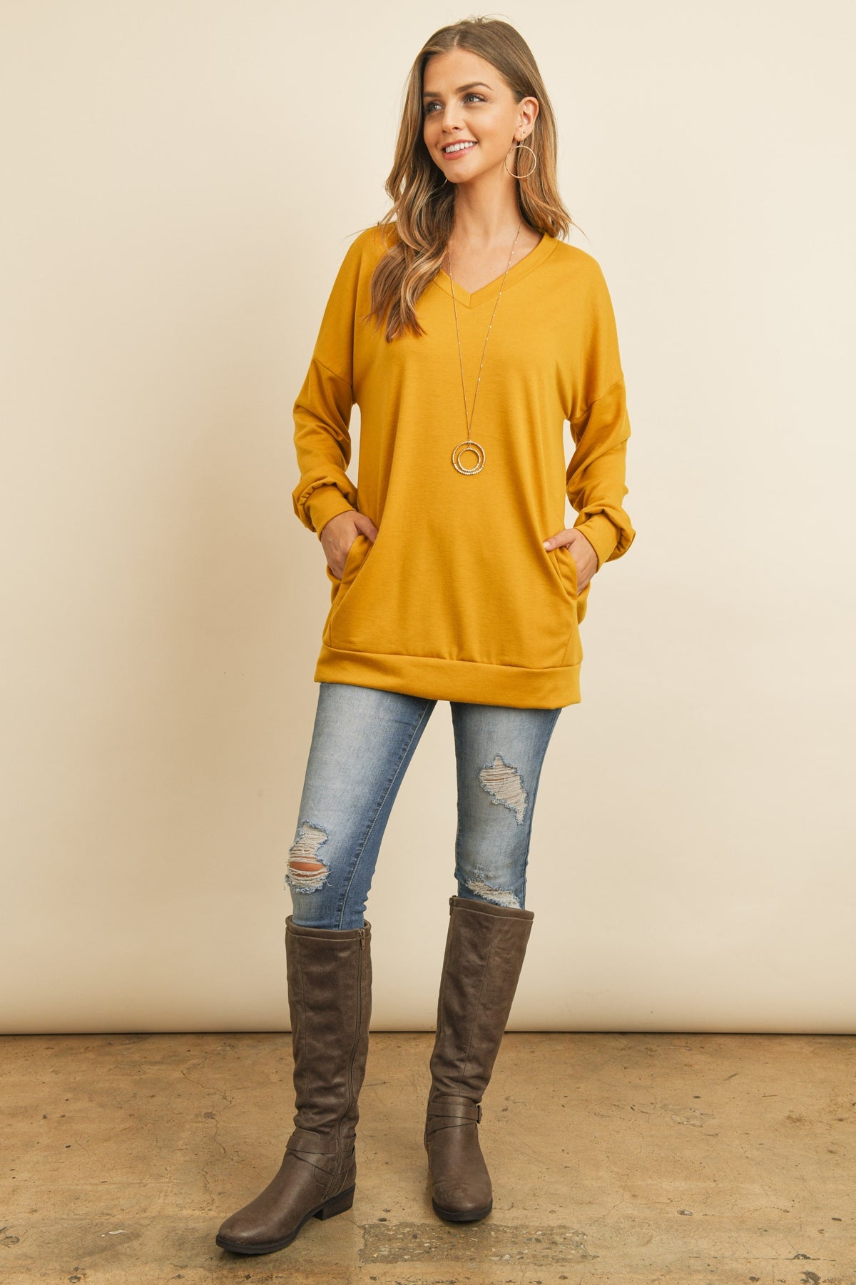 Oversized French Terry V-Neck Sweater with Inseam Pocket