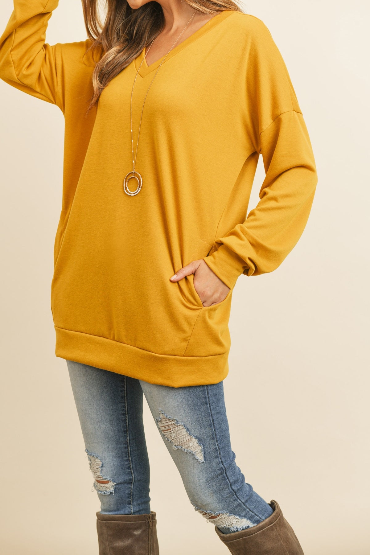 Oversized French Terry V-Neck Sweater with Inseam Pocket