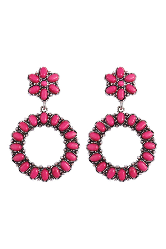Flower Round Natural Stone Drop Dangle Earrings Silver Burnish Fuchsia