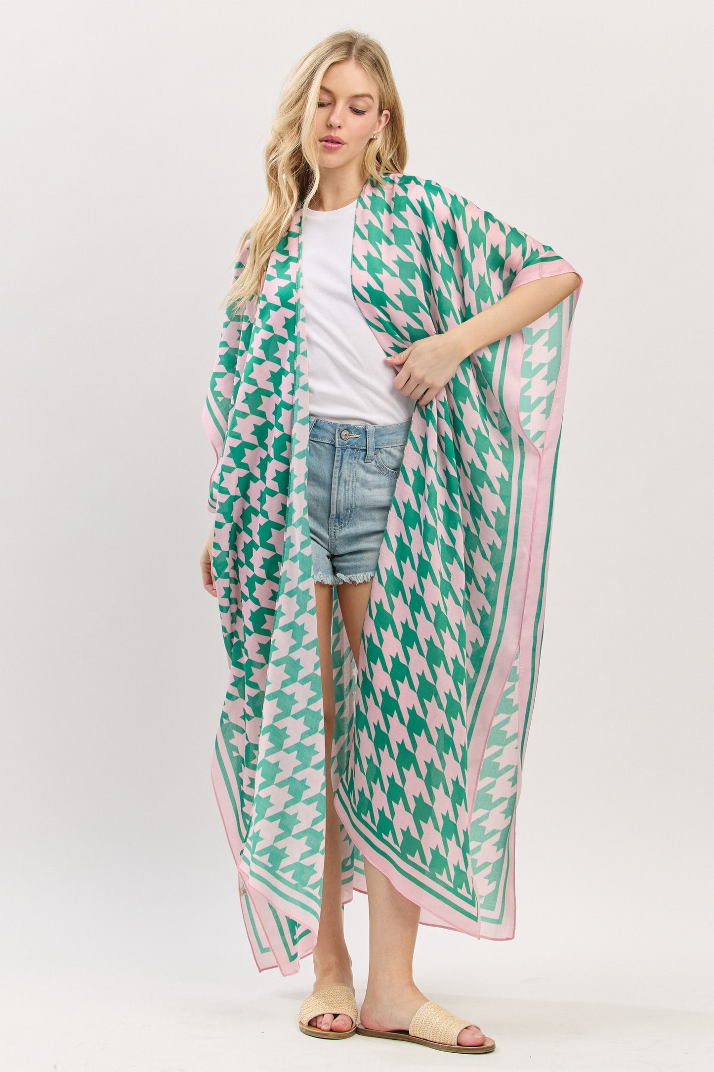 Houndstooth Print Open Front Long Kimono
