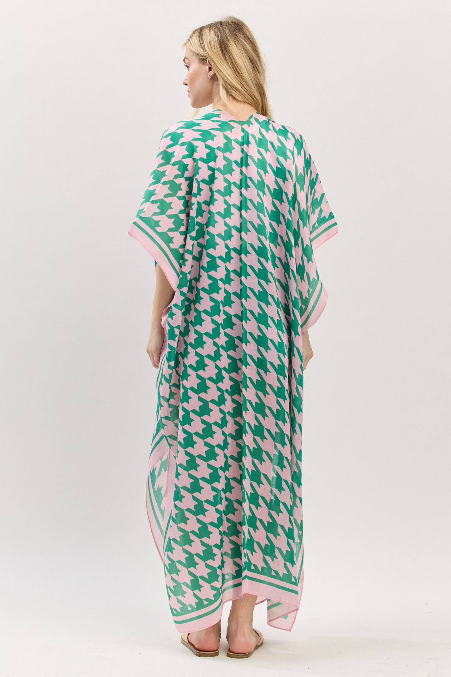 Houndstooth Print Open Front Long Kimono