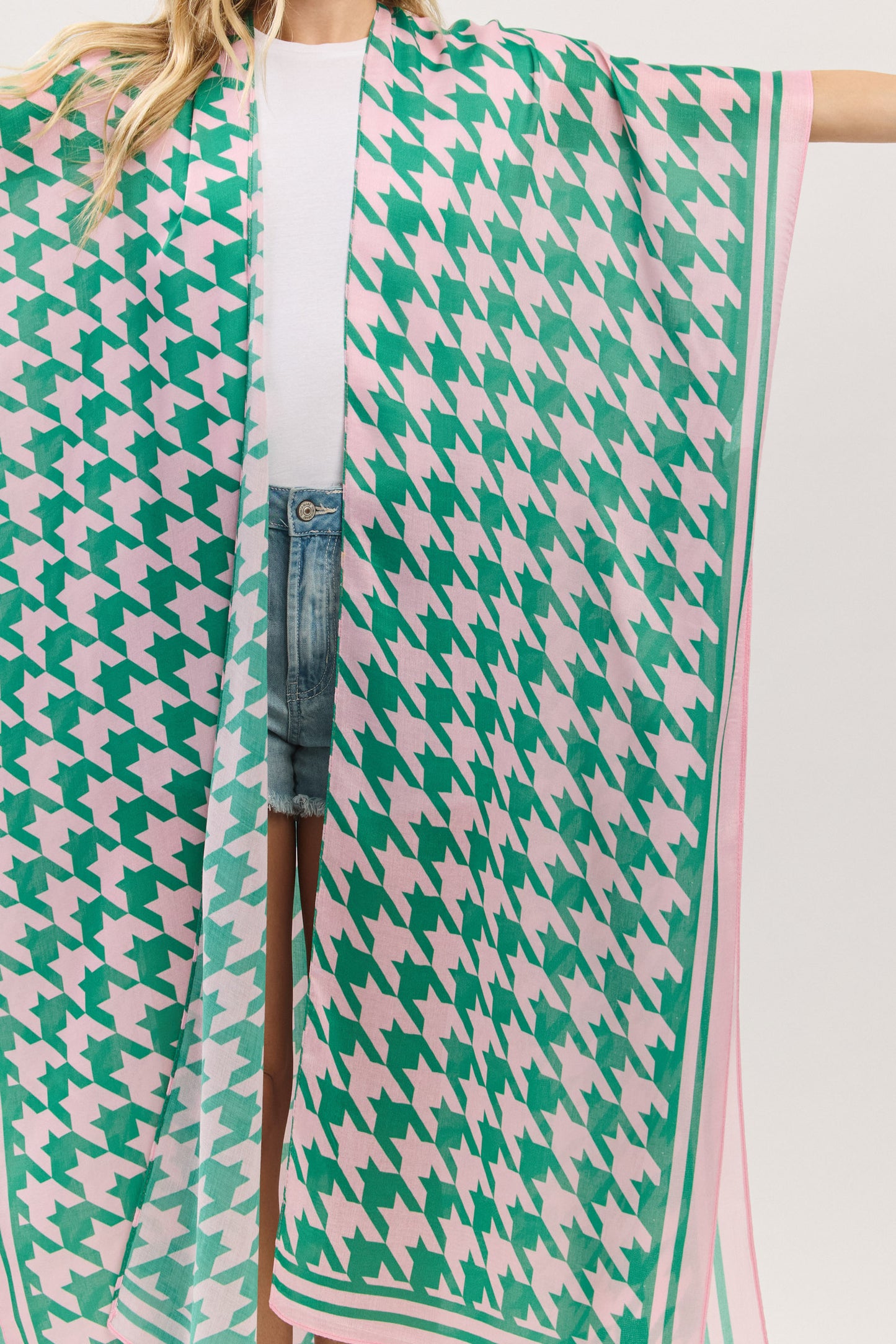 Houndstooth Print Open Front Long Kimono