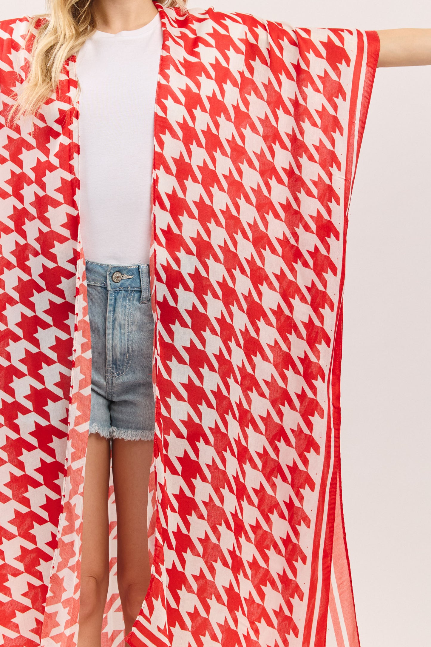 Houndstooth Print Open Front Long Kimono