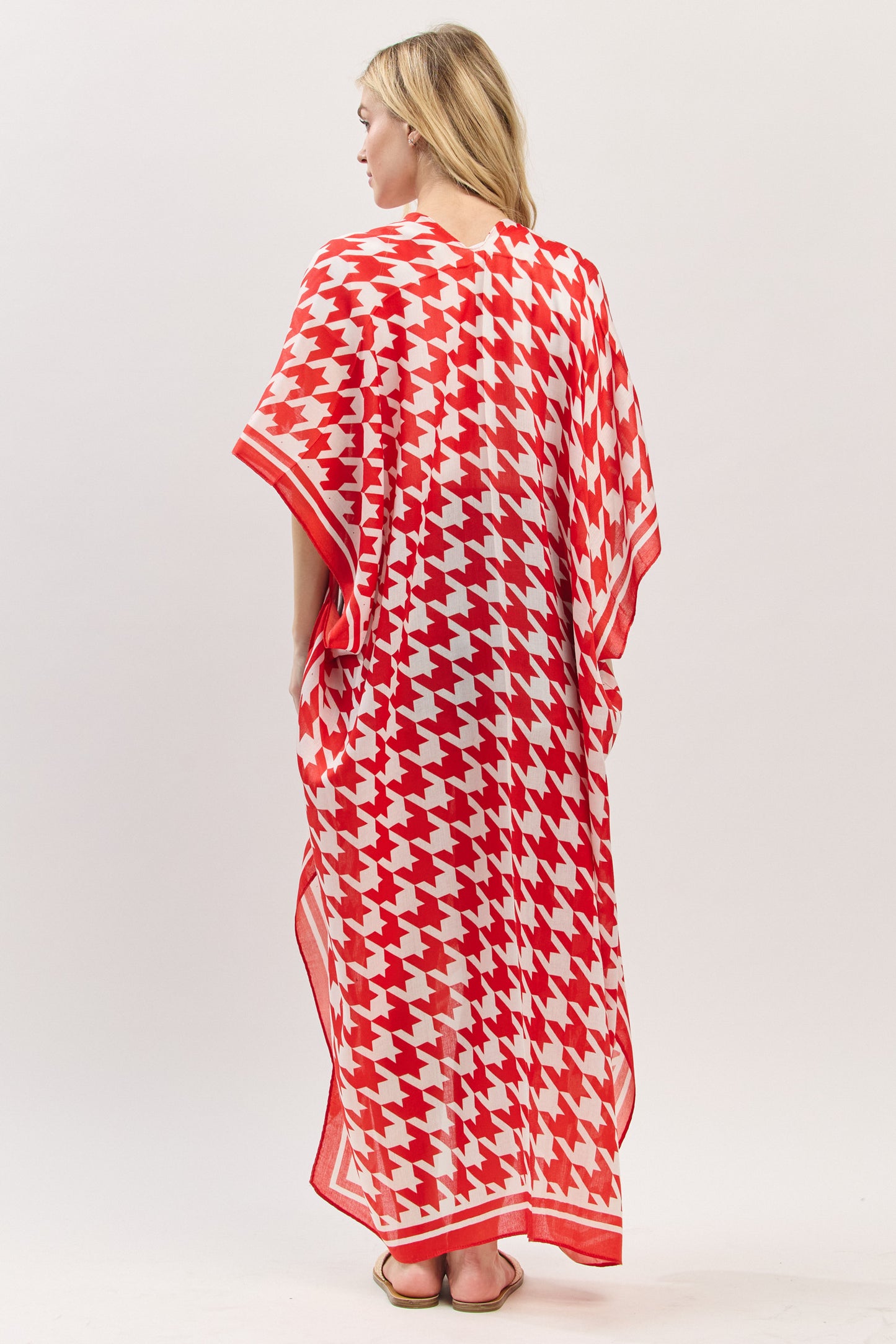 Houndstooth Print Open Front Long Kimono