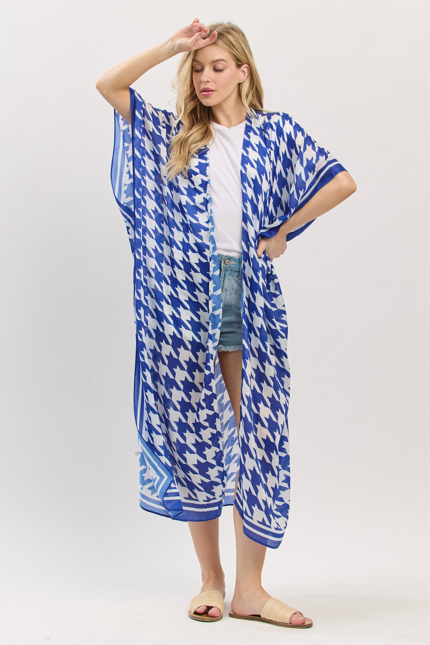 Houndstooth Print Open Front Long Kimono
