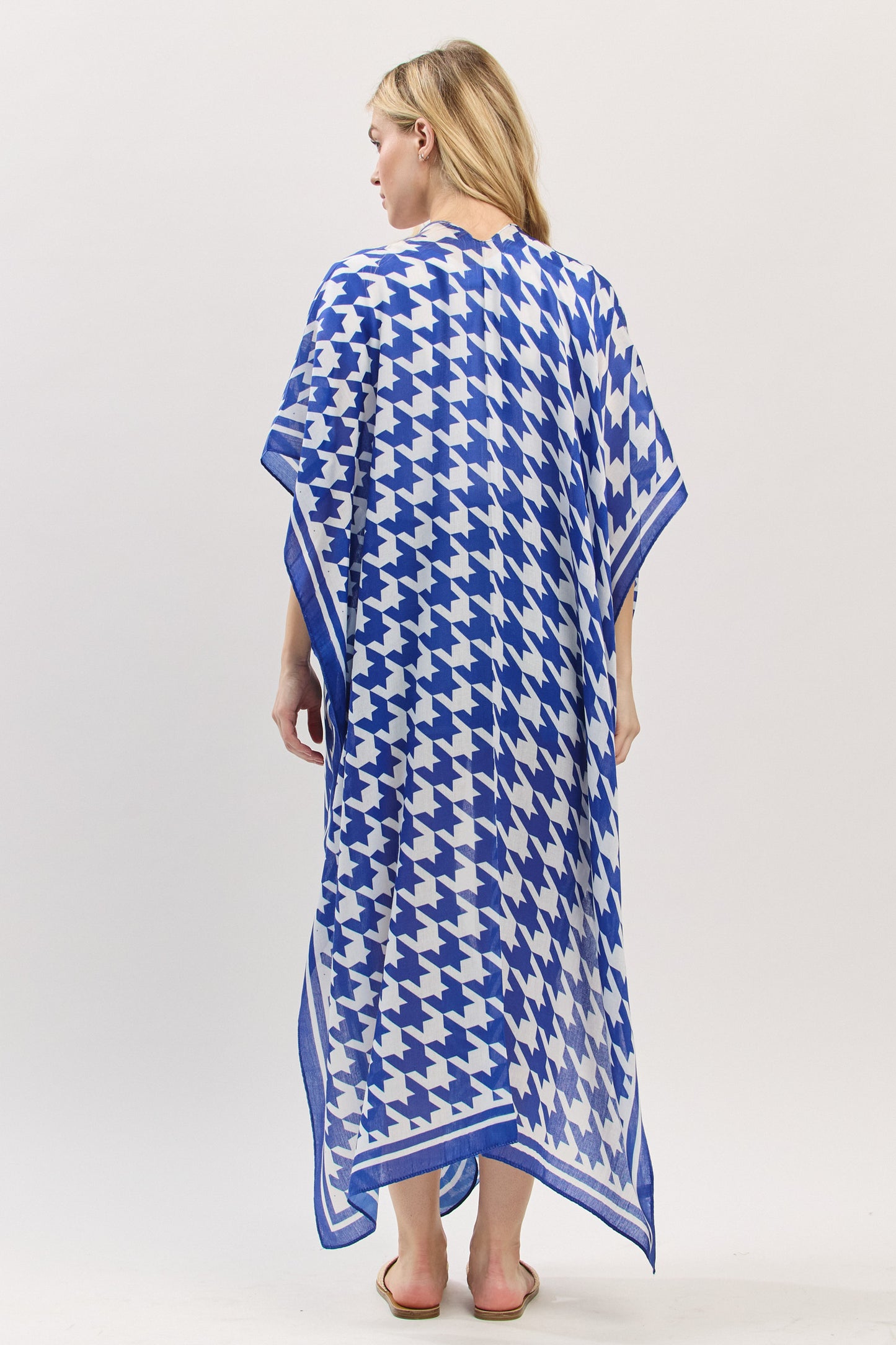 Houndstooth Print Open Front Long Kimono