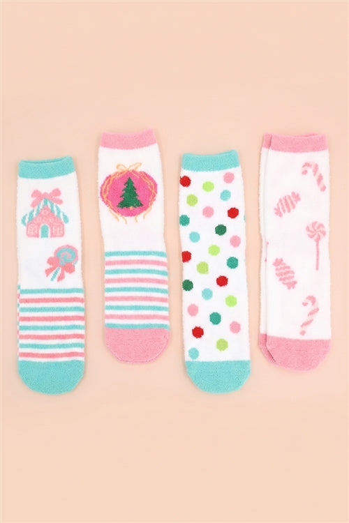 Fuzzy And Cozzy Christmas Socks Assorted 12 PCS Pack ( 4 Designs 3 Pairs each)