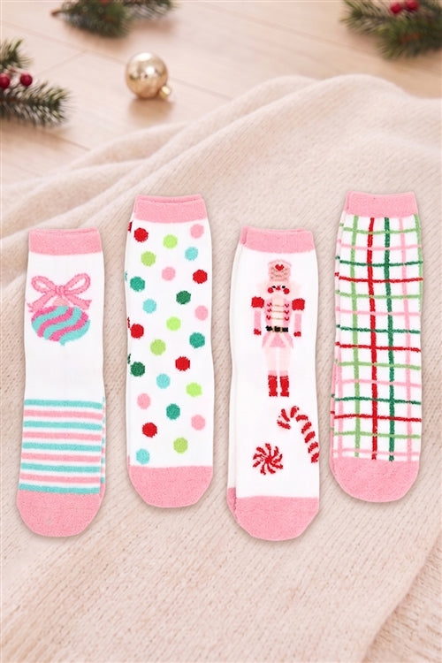 Fuzzy And Cozzy Christmas Socks Assorted 12 PCS Pack ( 4 Designs 3 Pairs each)