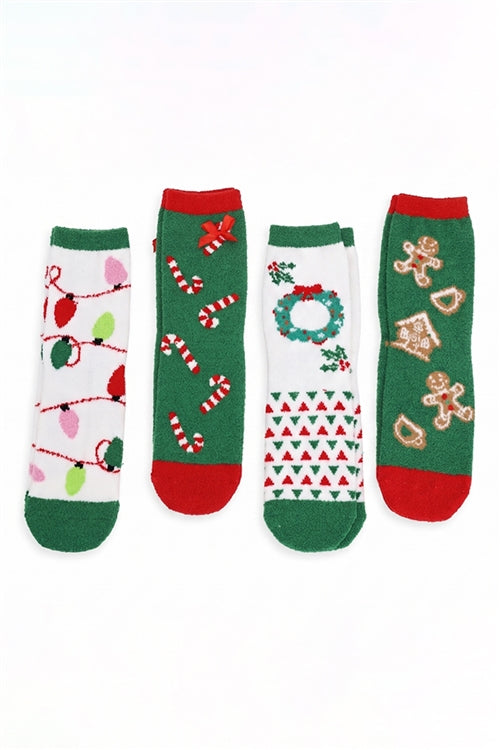 Fuzzy And Cozzy Christmas Socks Assorted 12 PCS Pack ( 4 Designs 3 Pairs each)