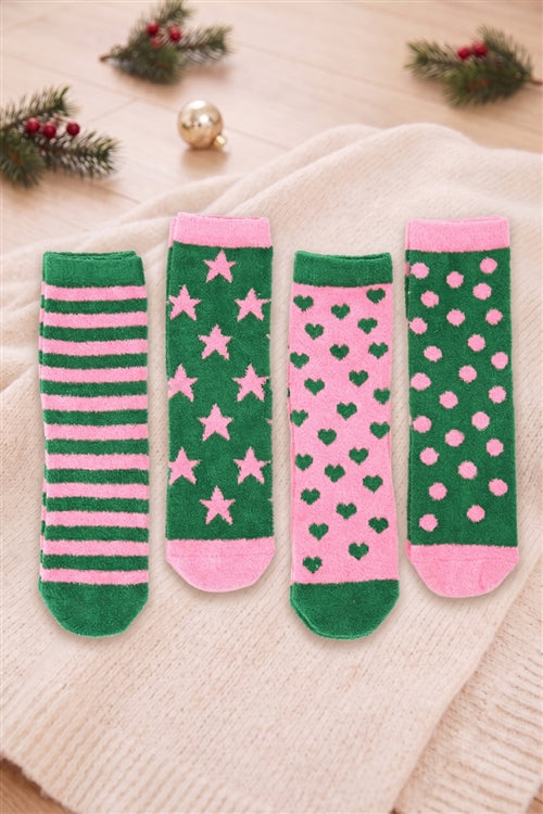 Fuzzy And Cozzy Christmas Socks Assorted 12 PCS Pack ( 4 Designs 3 Pairs each)