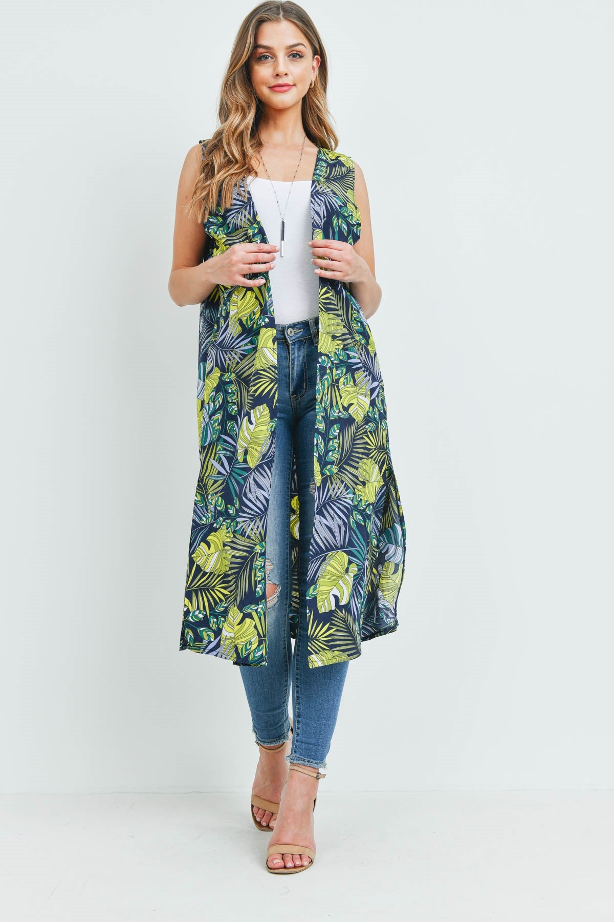 Tropical Leaves Print Kimono Vest