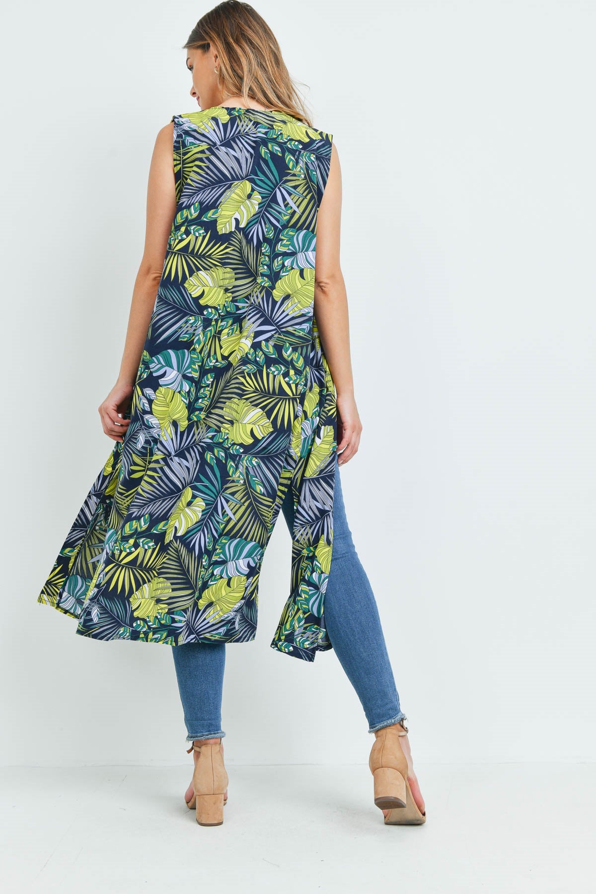 Tropical Leaves Print Kimono Vest