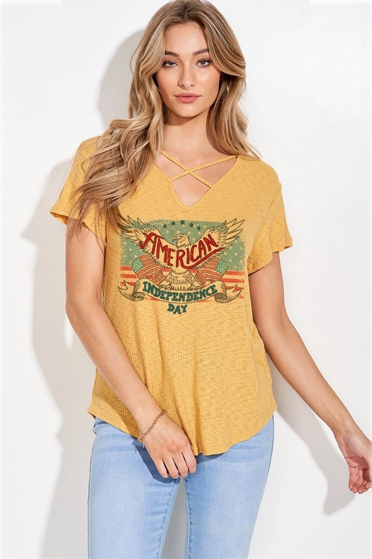 Independence Day Print Lace Up Short Sleeve Top