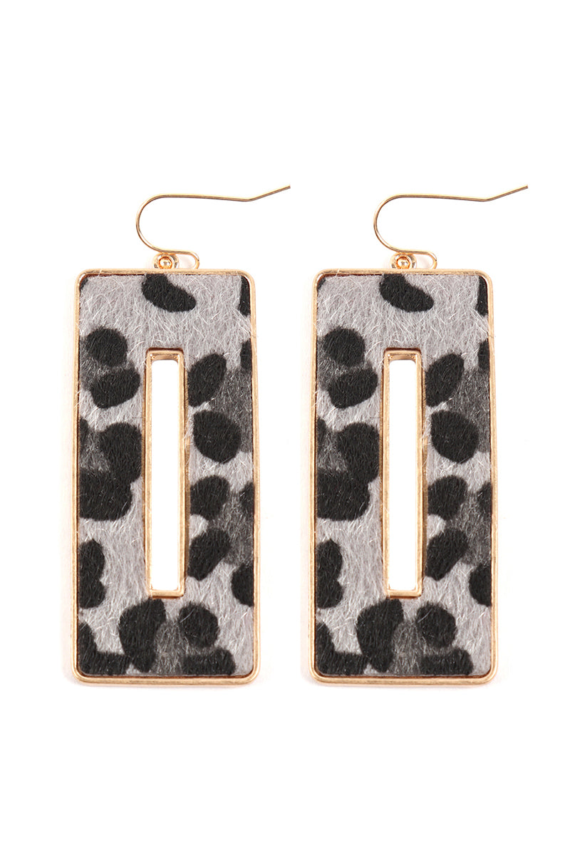 Open Rectangular Leopard Print Hook Earrings Gray