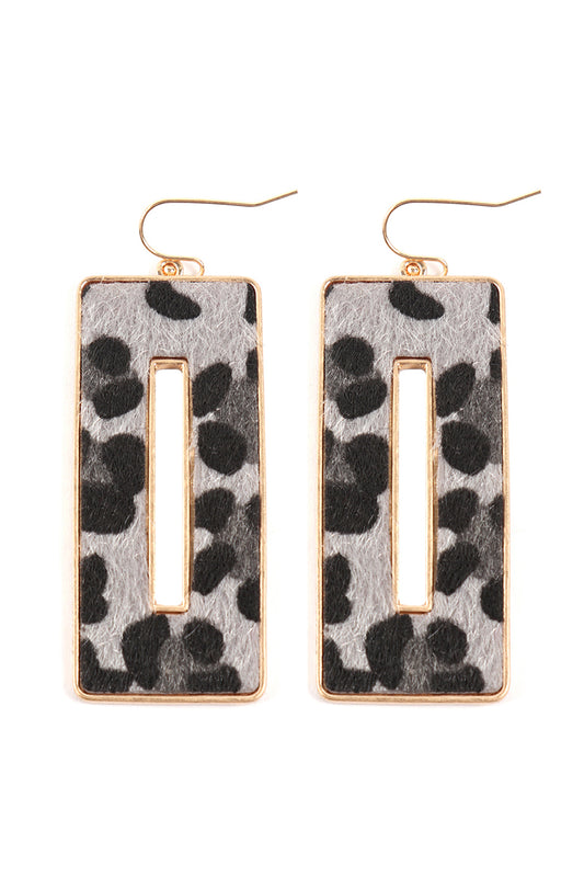 Open Rectangular Leopard Print Hook Earrings Gray