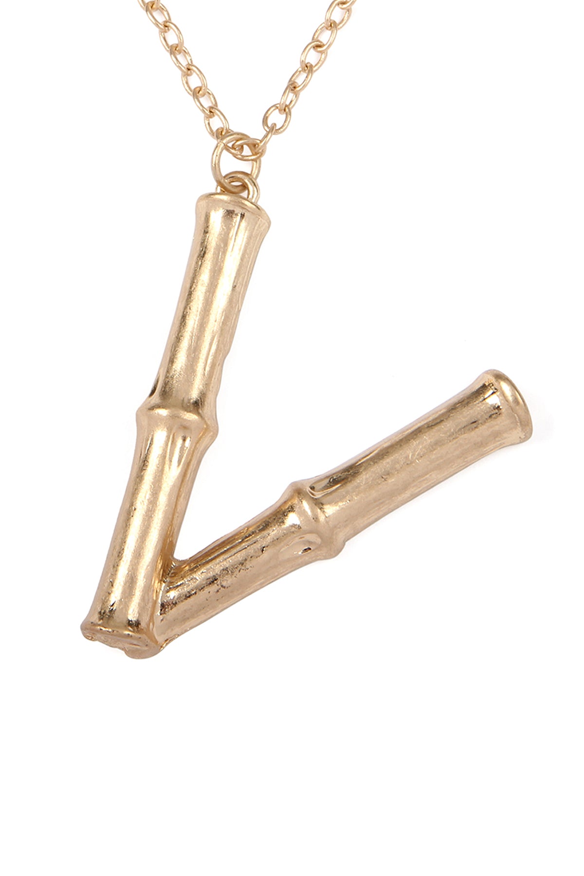 "V" Cast Metal Bamboo Alphabet Necklace With Stud Earring
