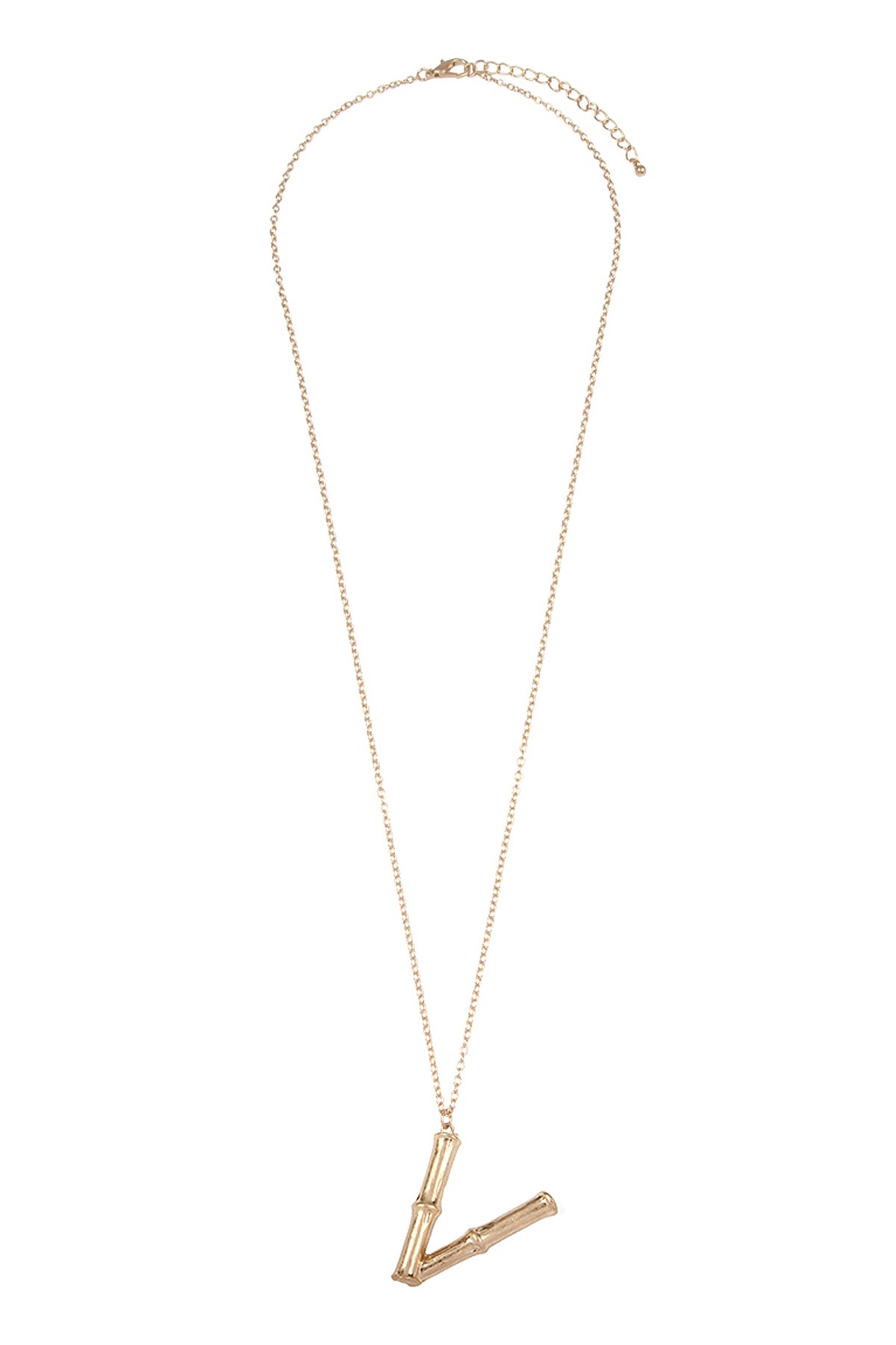 "V" Cast Metal Bamboo Alphabet Necklace With Stud Earring