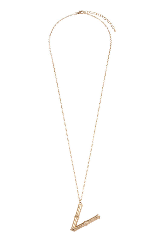 "V" Cast Metal Bamboo Alphabet Necklace With Stud Earring