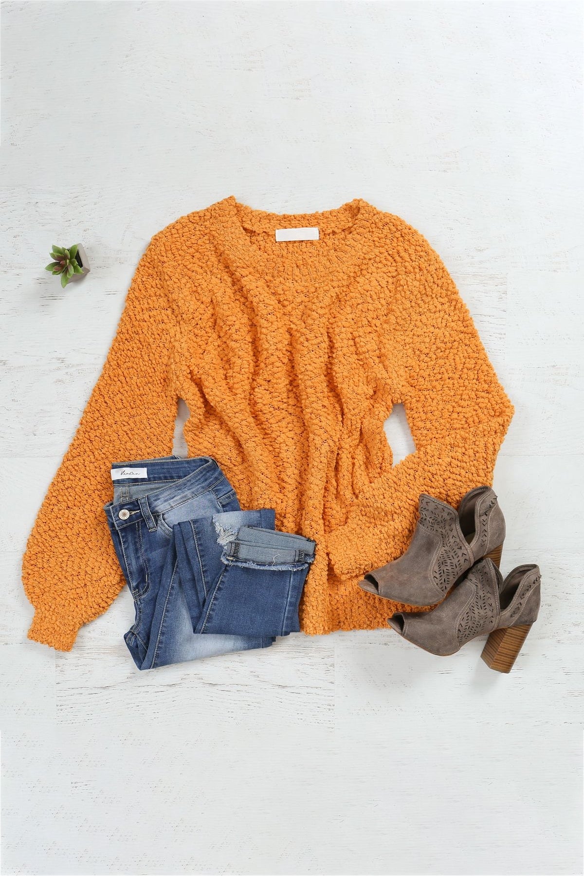 Popcorn Balloon Sleeve Pullover Sweater