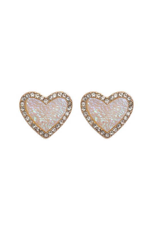 Valentine Heart Druzy With Rhinestone Post Earrings