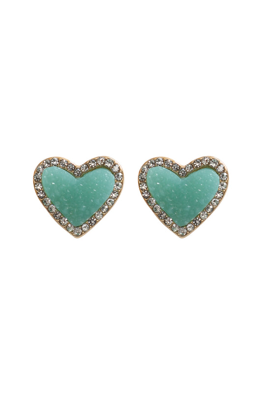Valentine Heart Druzy With Rhinestone Post Earrings