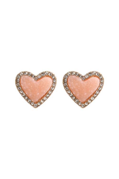 Valentine Heart Druzy With Rhinestone Post Earrings