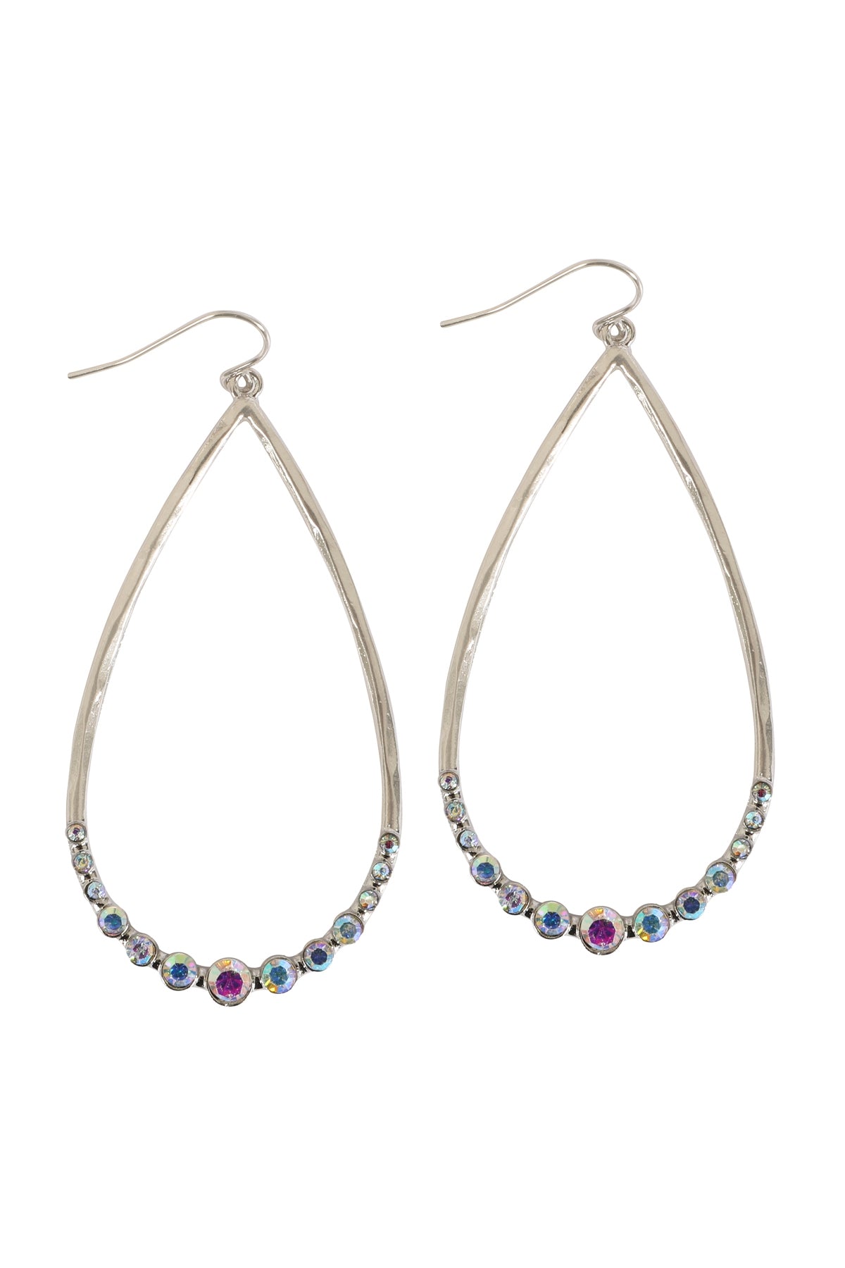 Teardrop Hammered with Pave Rhinestone Hook Earrings