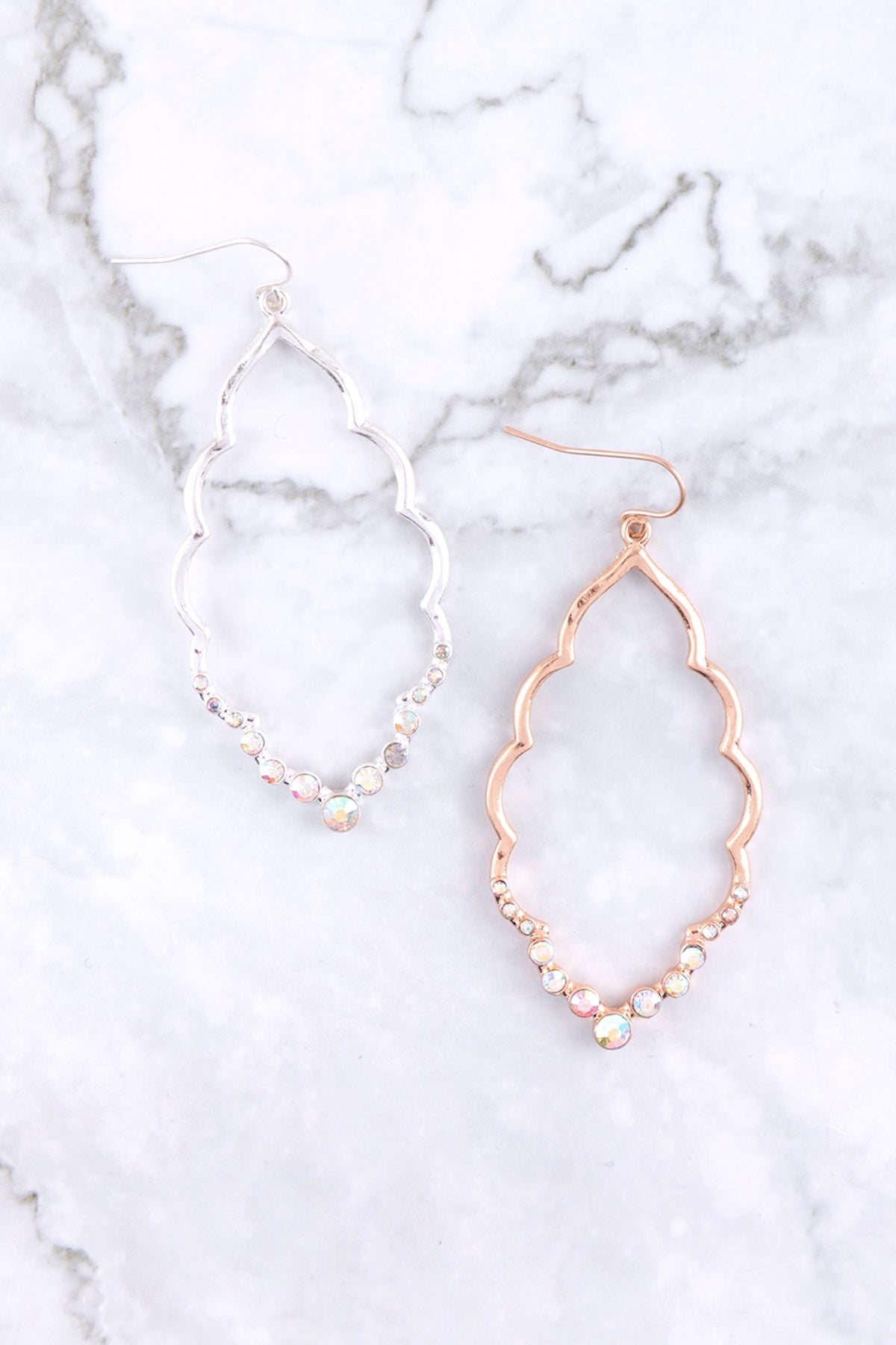 Marquise Hammered With Pave Rhinestone Drop Earrings
