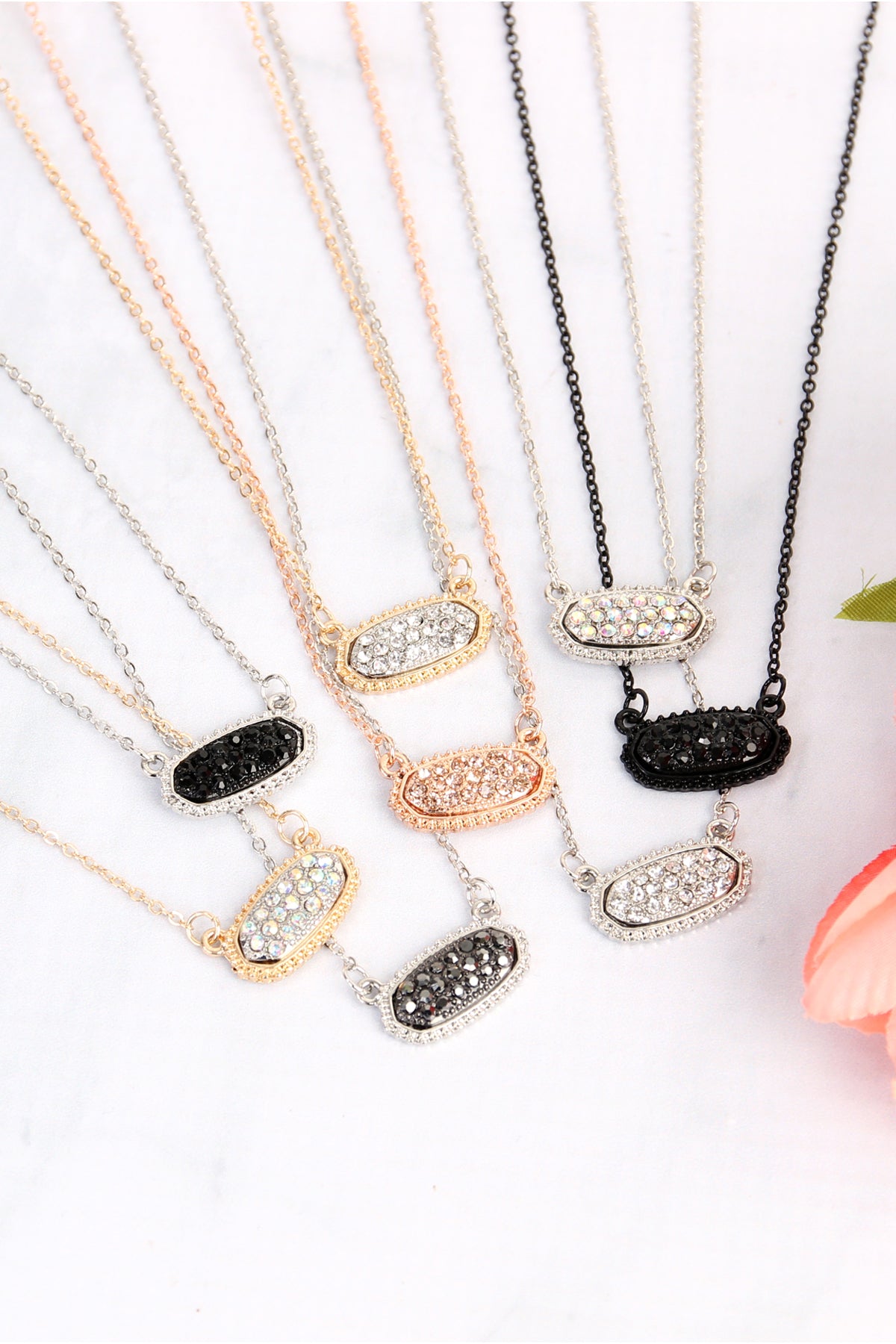 Rhinestone Druzy Oval Necklace Stud Earrings Set