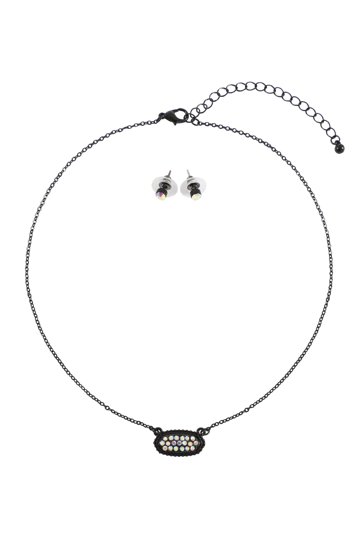 Rhinestone Druzy Oval Necklace Stud Earrings Set