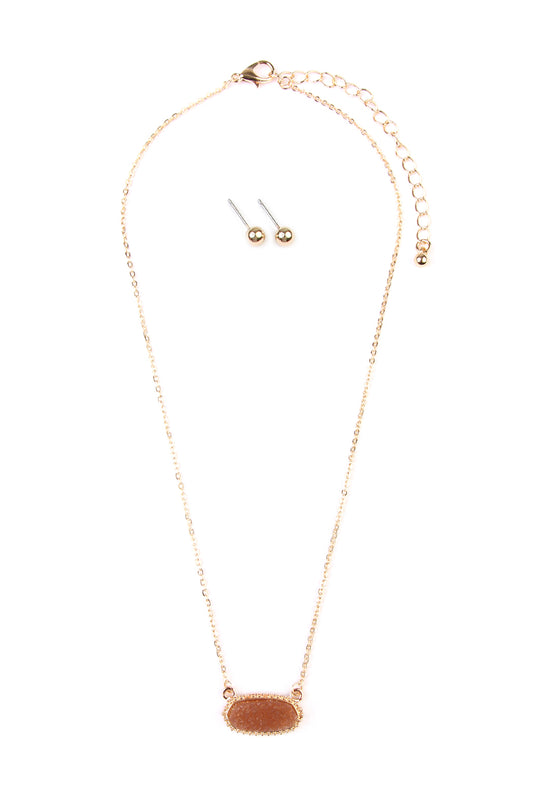 Druzy Stone Oval Pendant Necklace And Earring Set