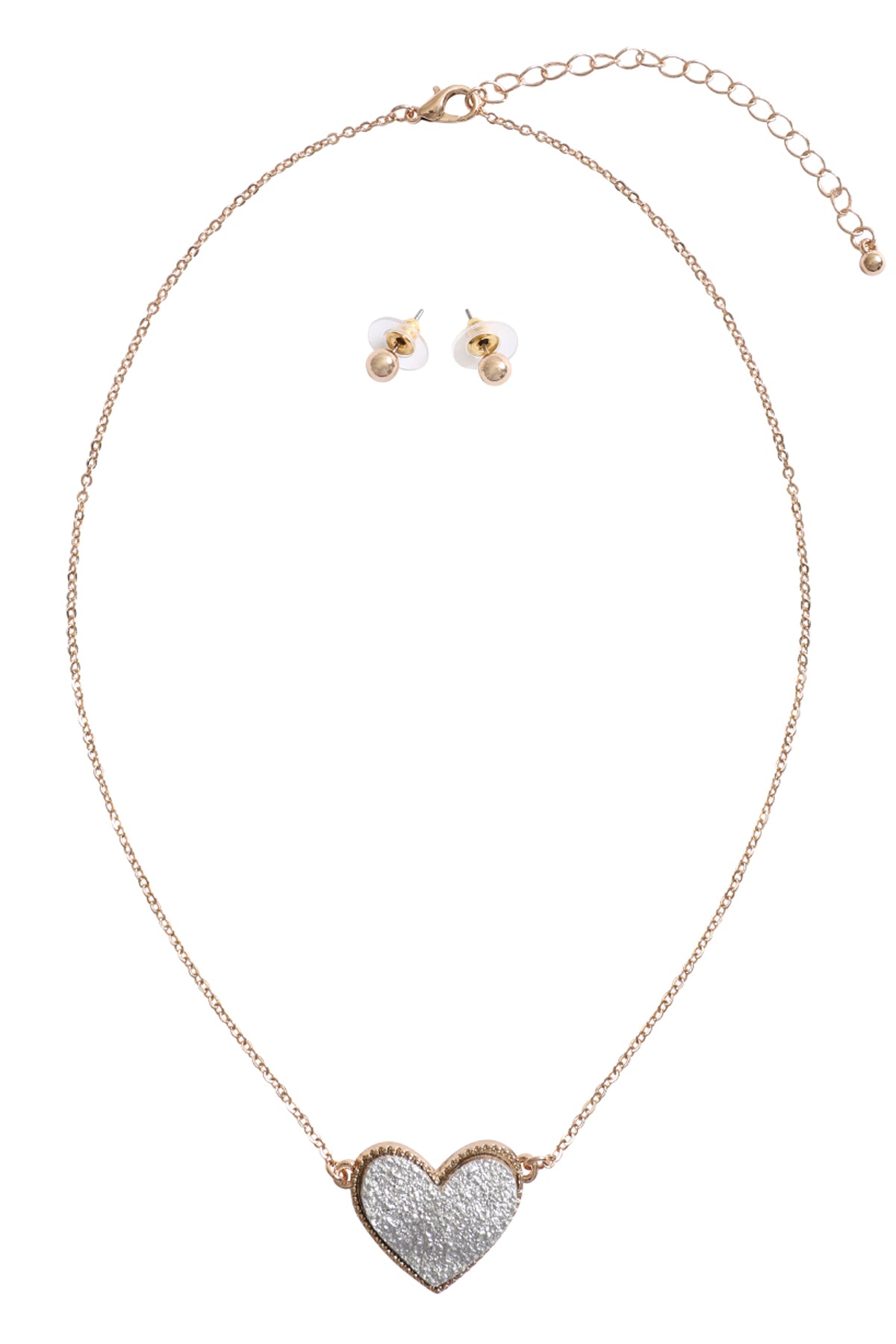 Valentine Heart Druzy Pendant Necklace And Earring Set Silver