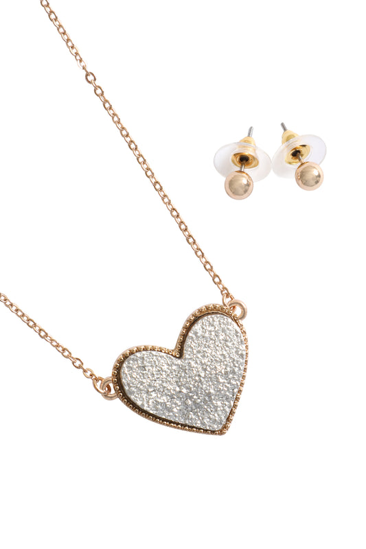 Valentine Heart Druzy Pendant Necklace And Earring Set Silver