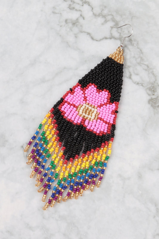 Flower Seed Beads Fringe Boho Fish Hook Earrings