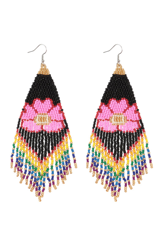 Flower Seed Beads Fringe Boho Fish Hook Earrings Black