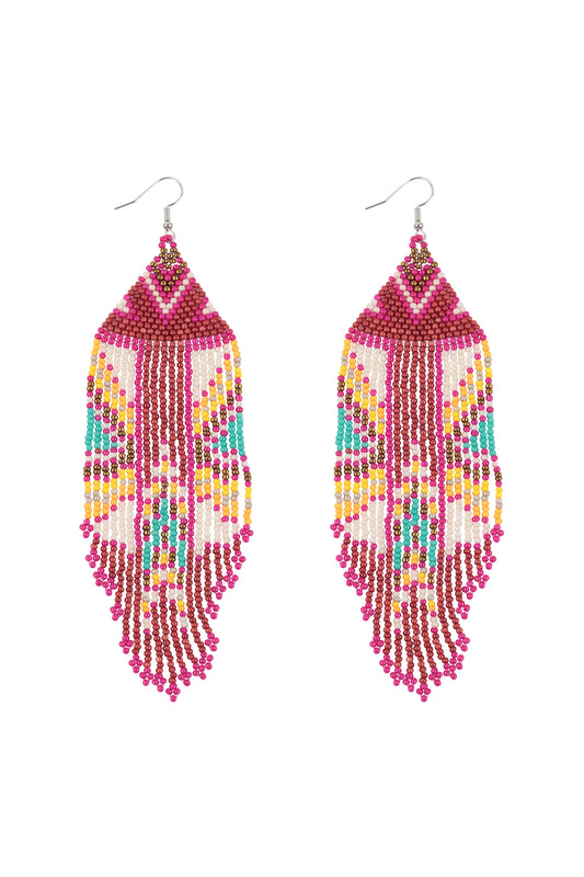 Aztec Pattern Fringe Beaded Fish Hook Earrings