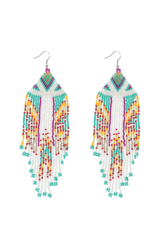 Aztec Pattern Fringe Beaded Fish Hook Earrings