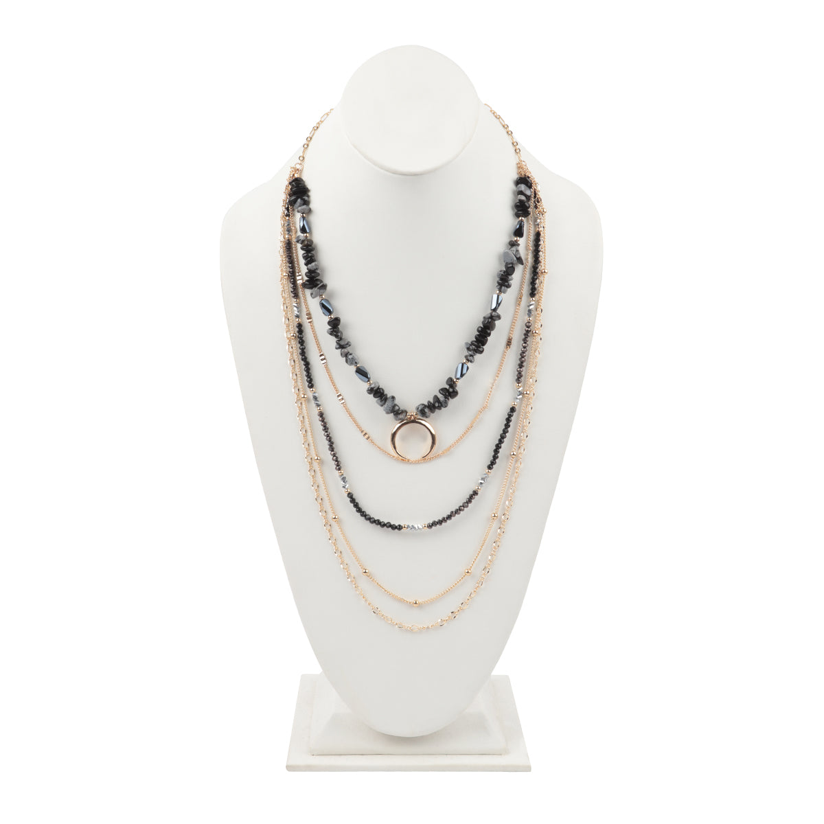 Layered Chain Natural Stone Chip Mix Beads Crescent Pendant Necklace
