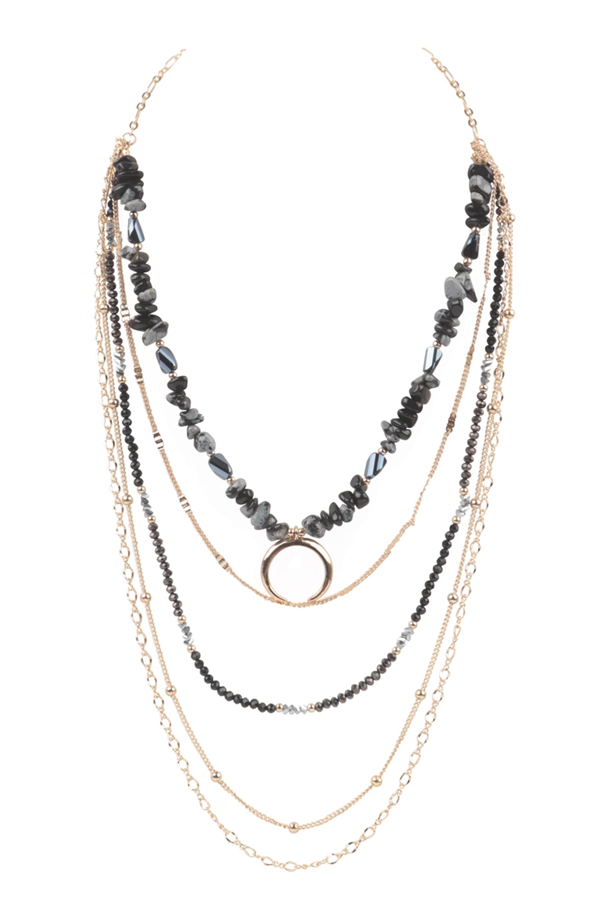 Layered Chain Natural Stone Chip Mix Beads Crescent Pendant Necklace