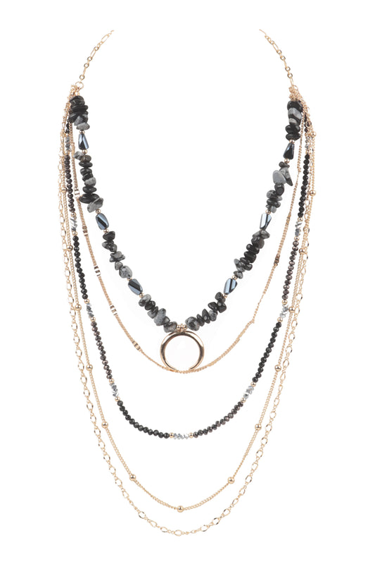 Layered Chain Natural Stone Chip Mix Beads Crescent Pendant Necklace