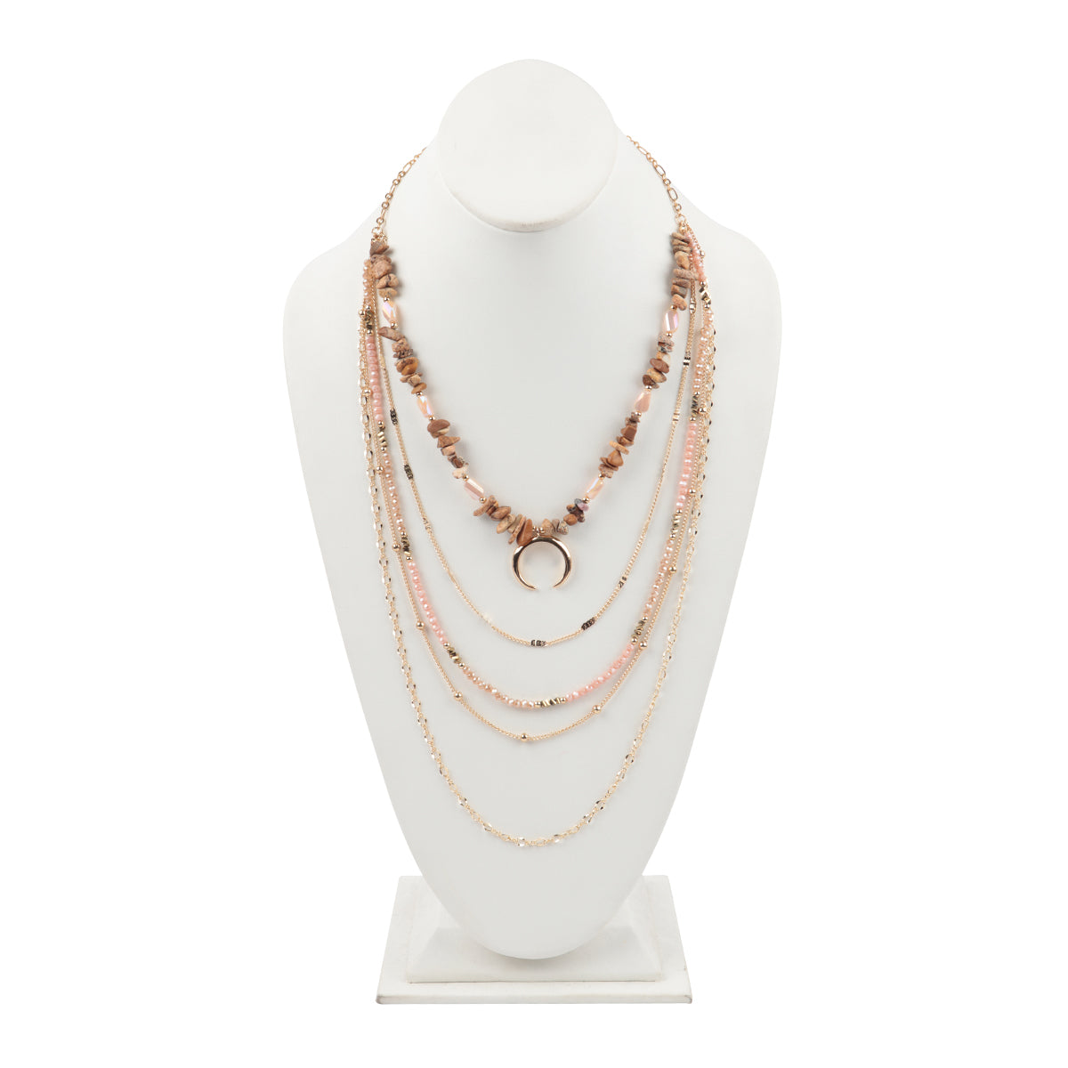 Layered Chain Natural Stone Chip Mix Beads Crescent Pendant Necklace
