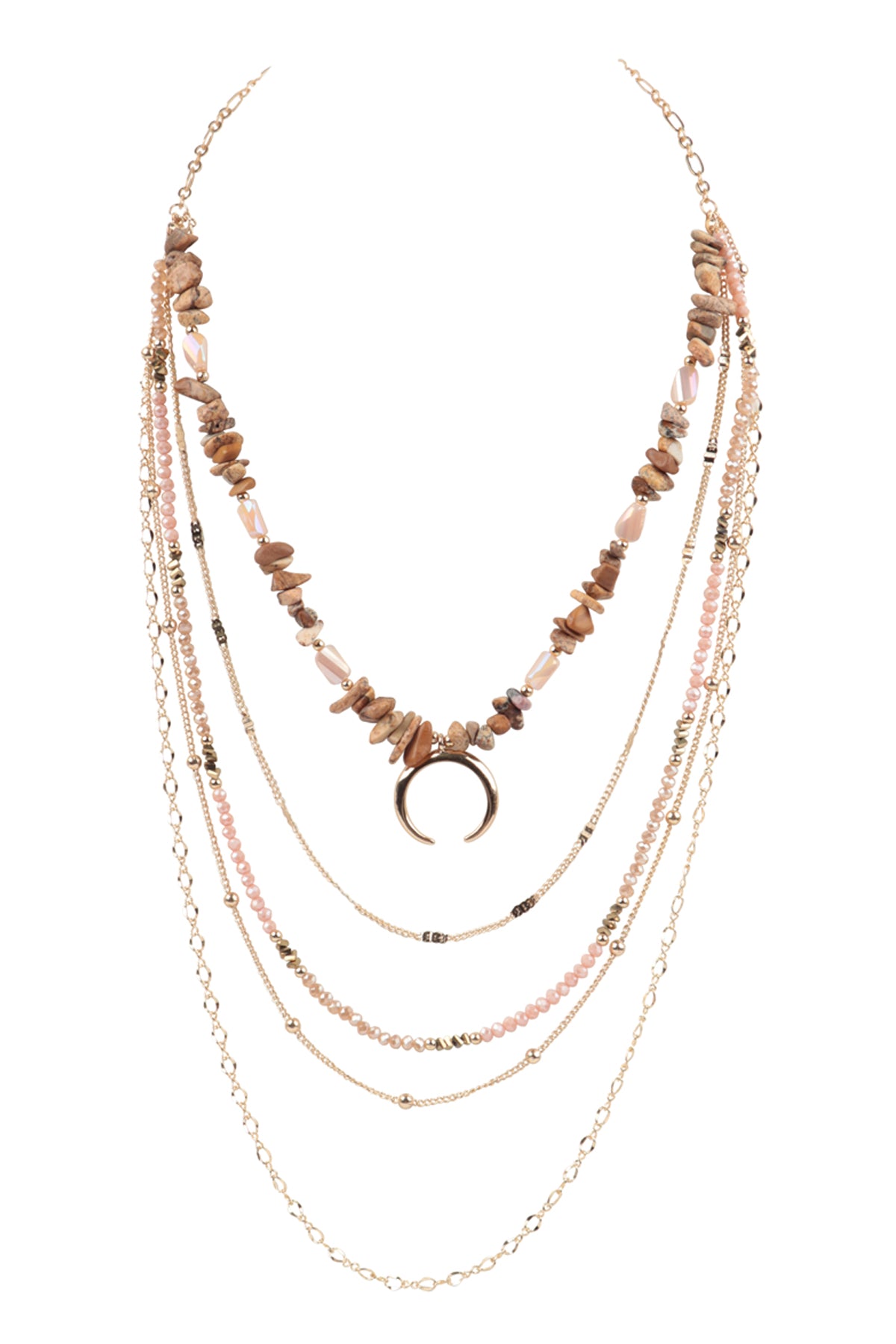 Layered Chain Natural Stone Chip Mix Beads Crescent Pendant Necklace
