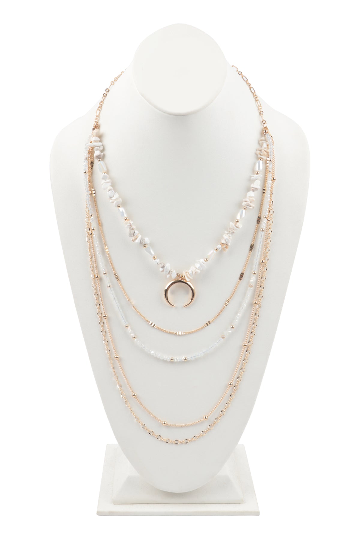 Layered Chain Natural Stone Chip Mix Beads Crescent Pendant Necklace