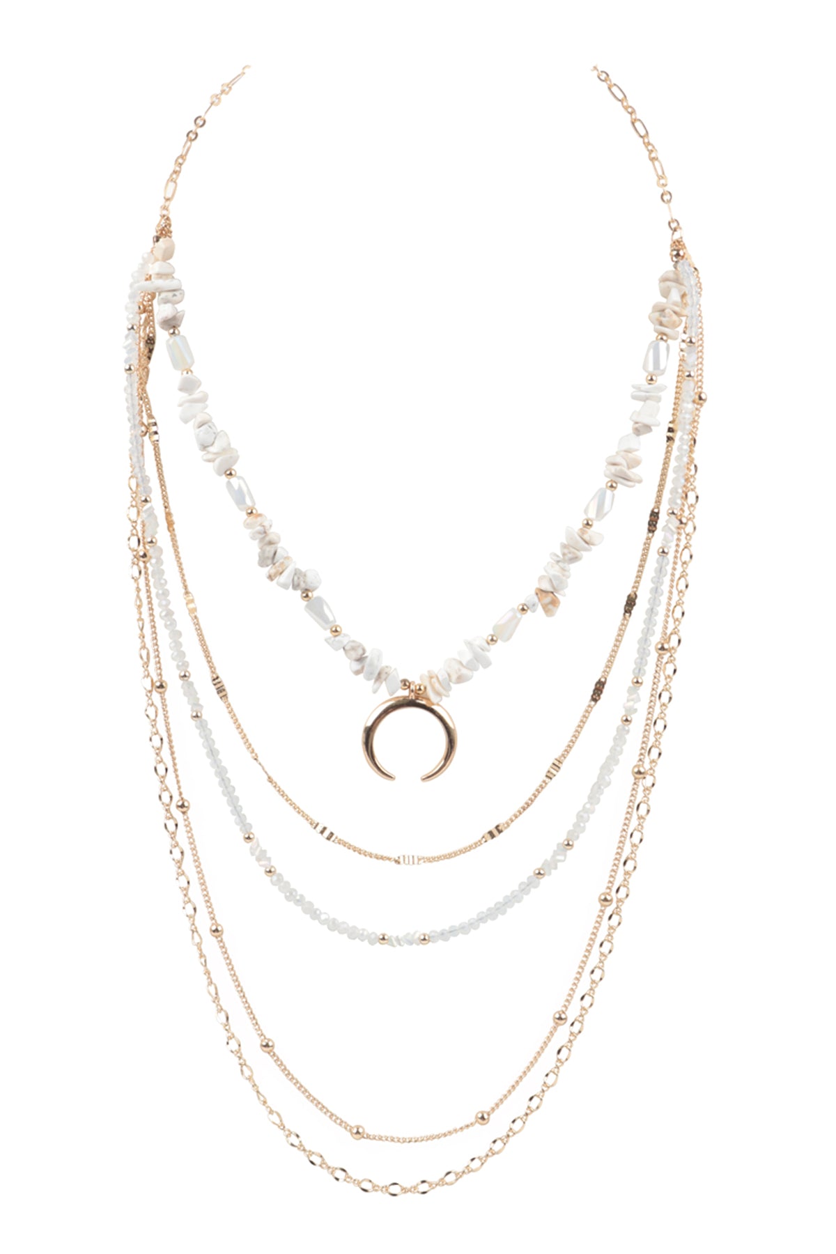 Layered Chain Natural Stone Chip Mix Beads Crescent Pendant Necklace