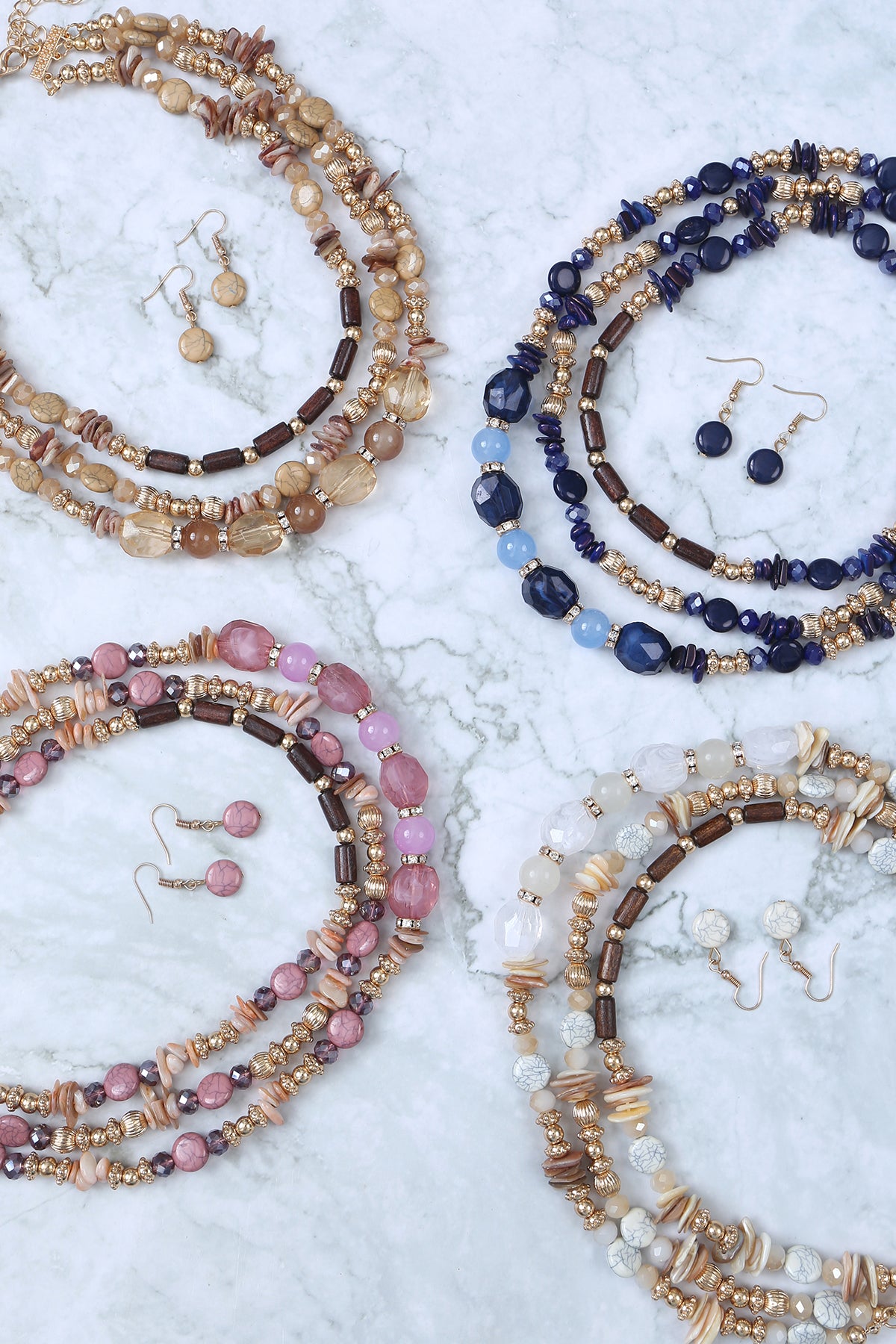 3 Line Layered Natural Stone, Mix Beads Necklace and Earrings Set