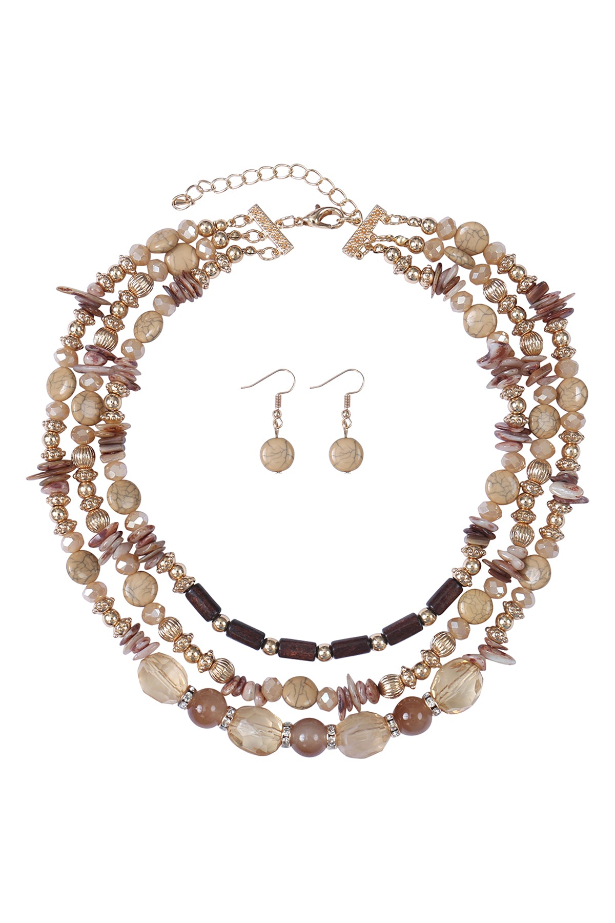 3 Line Layered Natural Stone, Mix Beads Necklace and Earrings Set