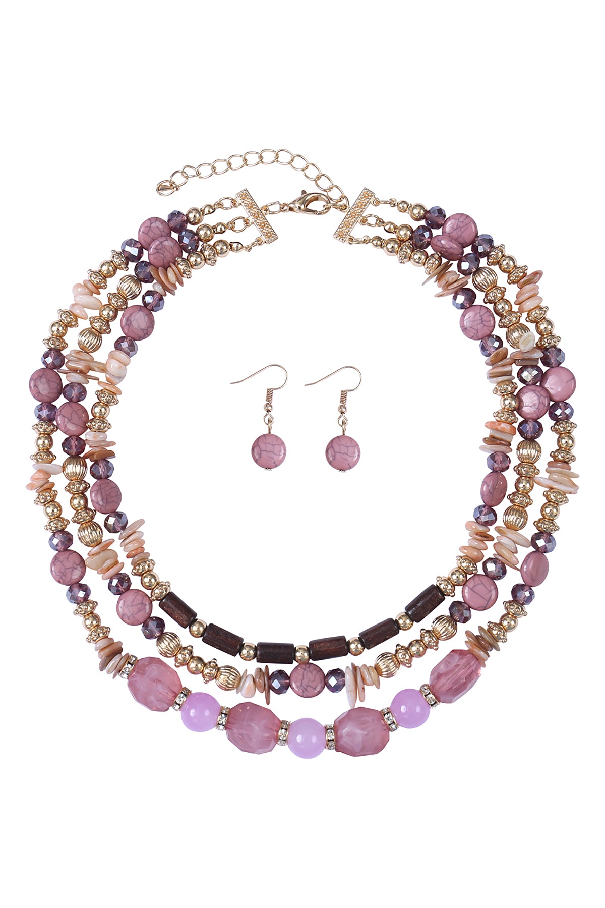 3 Line Layered Natural Stone, Mix Beads Necklace and Earrings Set
